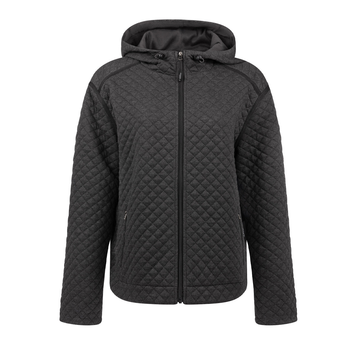 Boeing Women’s Hooded Quilted Jacket in dark grey, featuring an insulated, quilted design with a zip-up front and hood.
