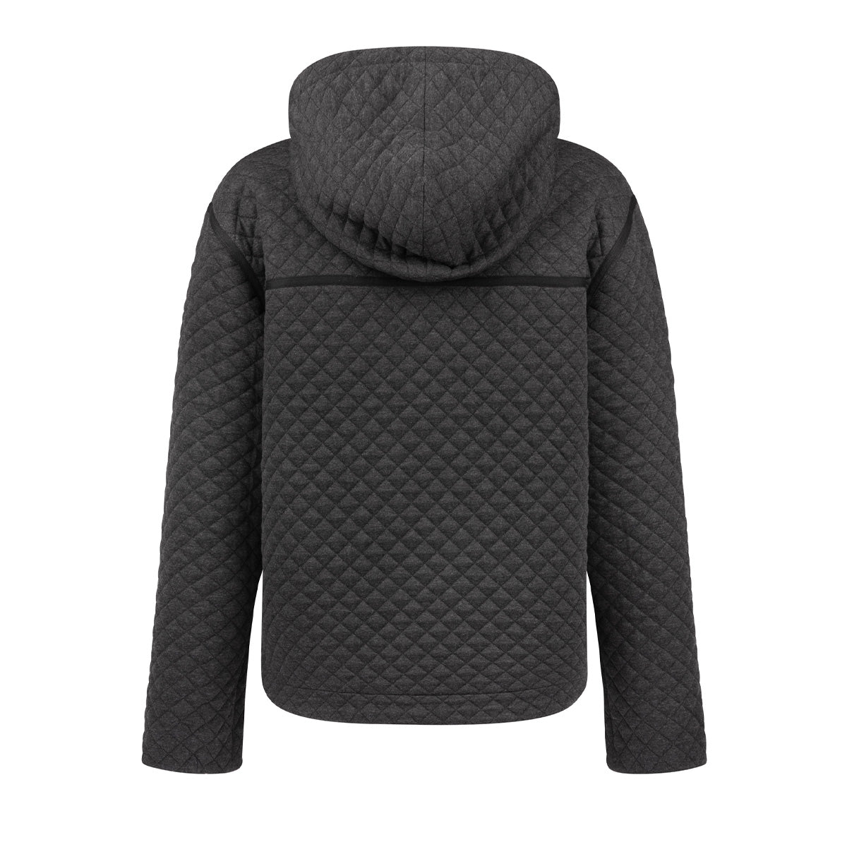 Back view of a charcoal grey Boeing Women’s Hooded Quilted Jacket.