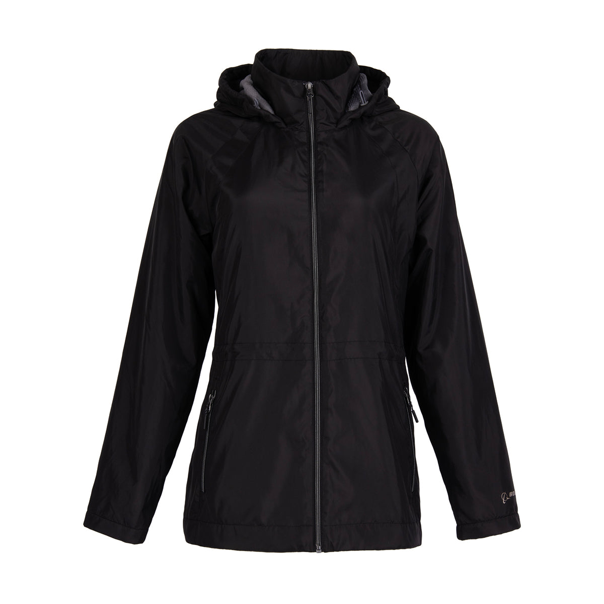 Black three-quarter length, water-resistant Boeing Women’s 3/4 Length Windshear Jacket with a full-zip front, hood, and zippered side pockets.