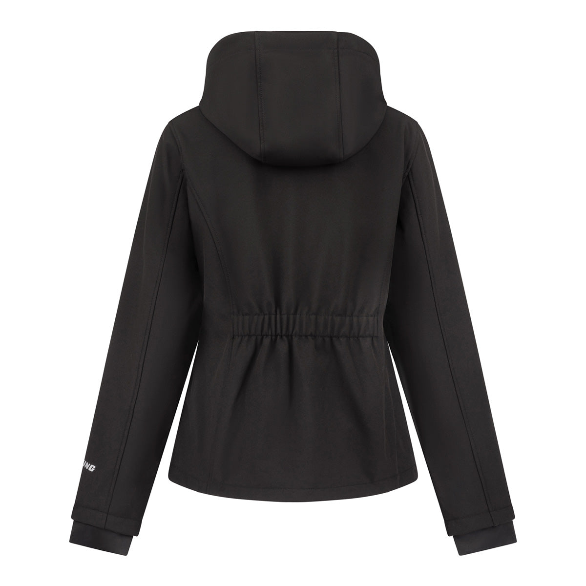 Back view of a black, water-resistant Boeing Women’s 3/4 Length Windshear Jacket with a hood and a cinched waist.