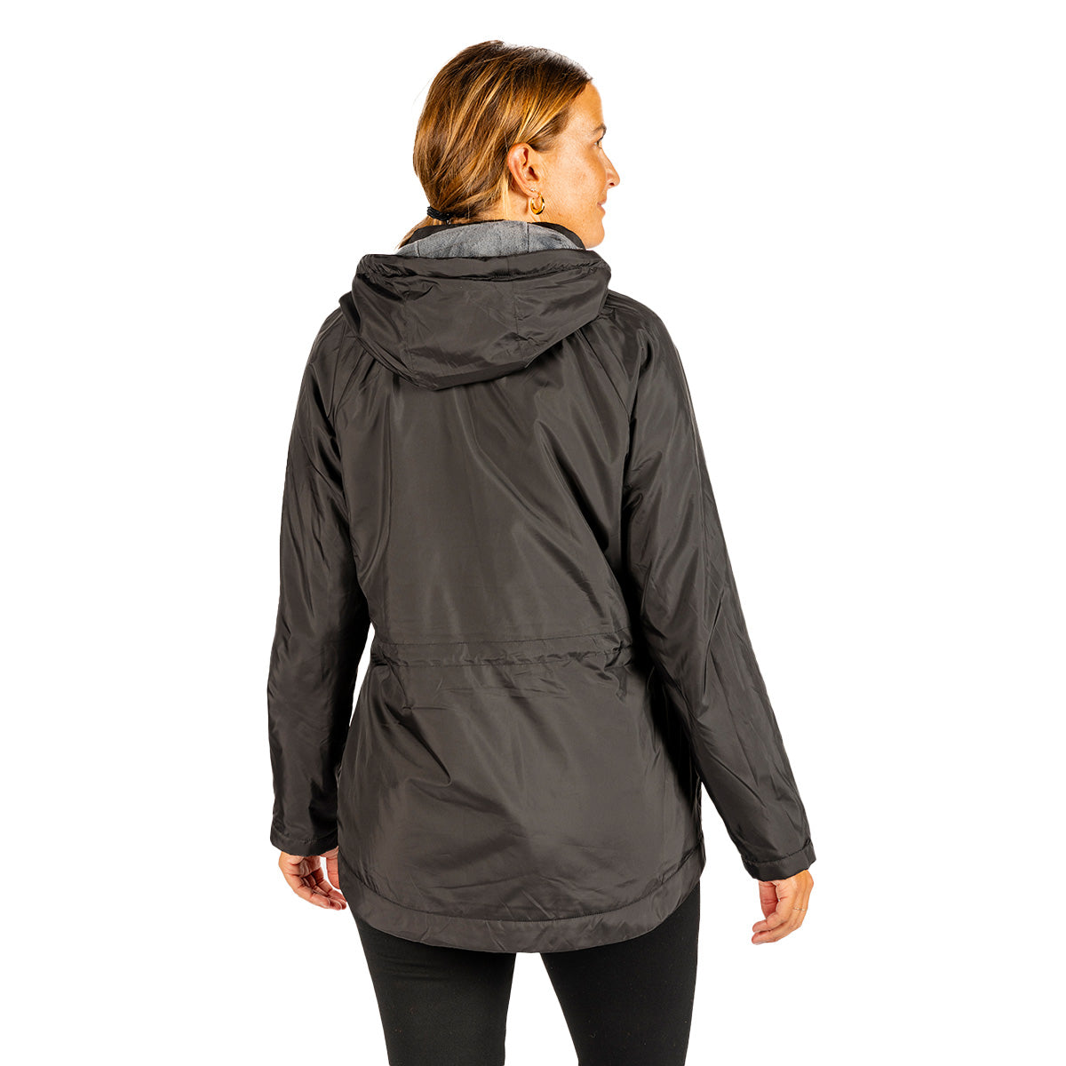 Woman seen from behind wearing a black, water-resistant Boeing Women’s 3/4 Length Windshear Jacket with a hood that falls to the upper thigh.