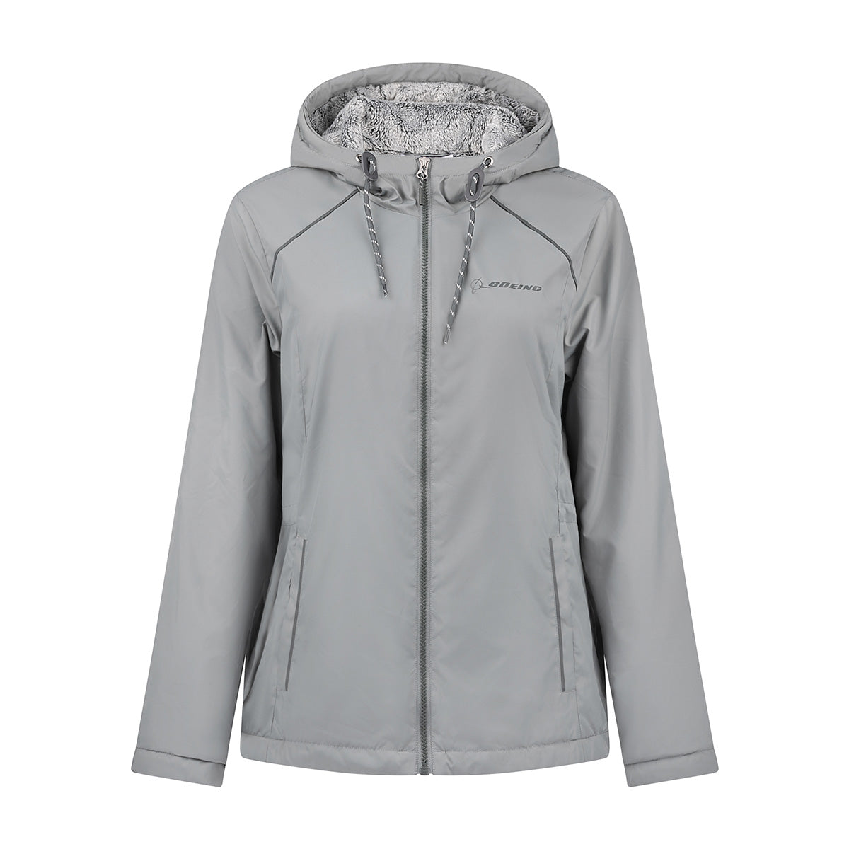 Grey Boeing Women’s Mid-Length Windshear Jacket in recycled polyester with a faux fur lining and drawstring toggles.
