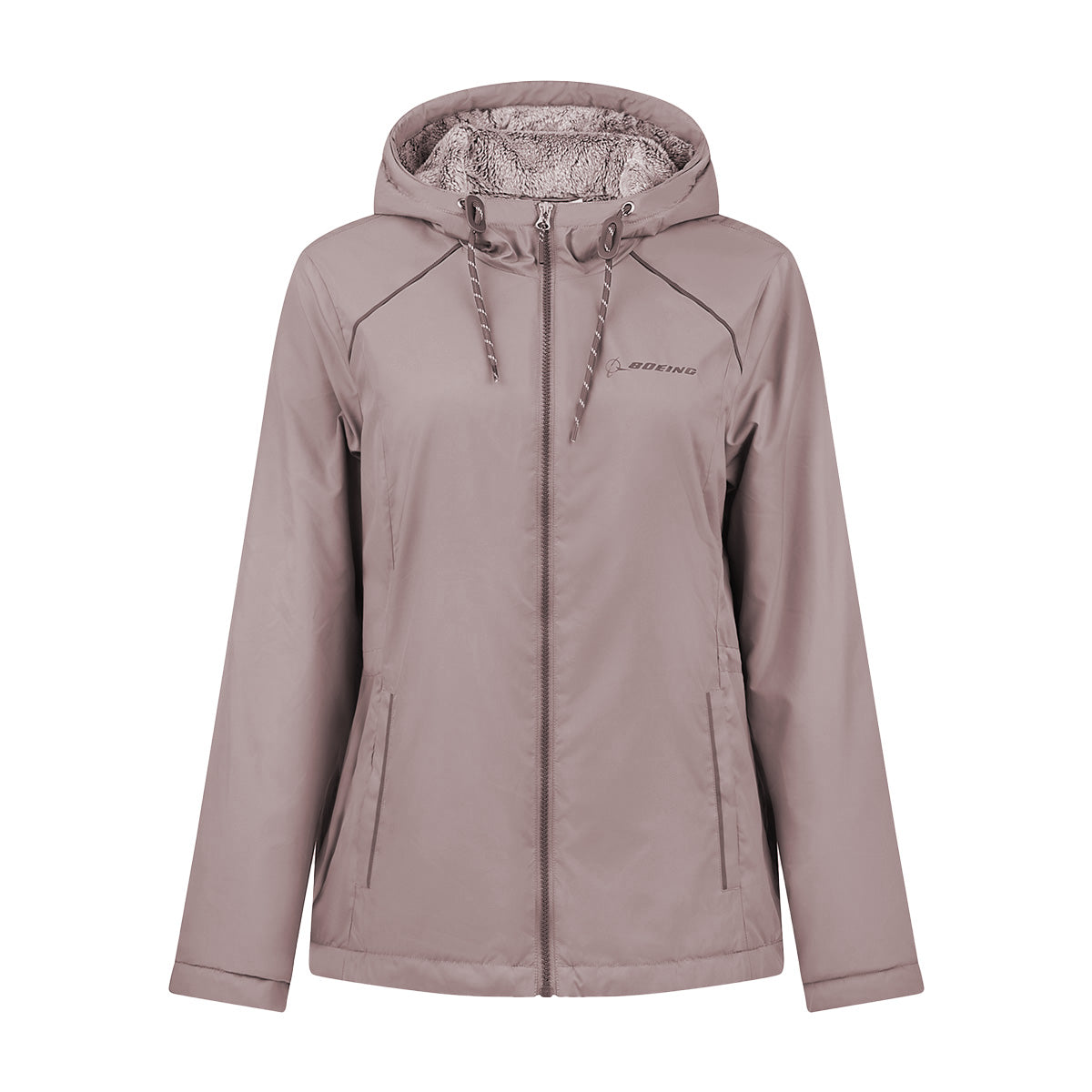 Mauve Boeing Women’s Mid-Length Windshear Jacket in sustainable, water-resistant recycled polyester with a fleece-lined interior and front zipper closure.
