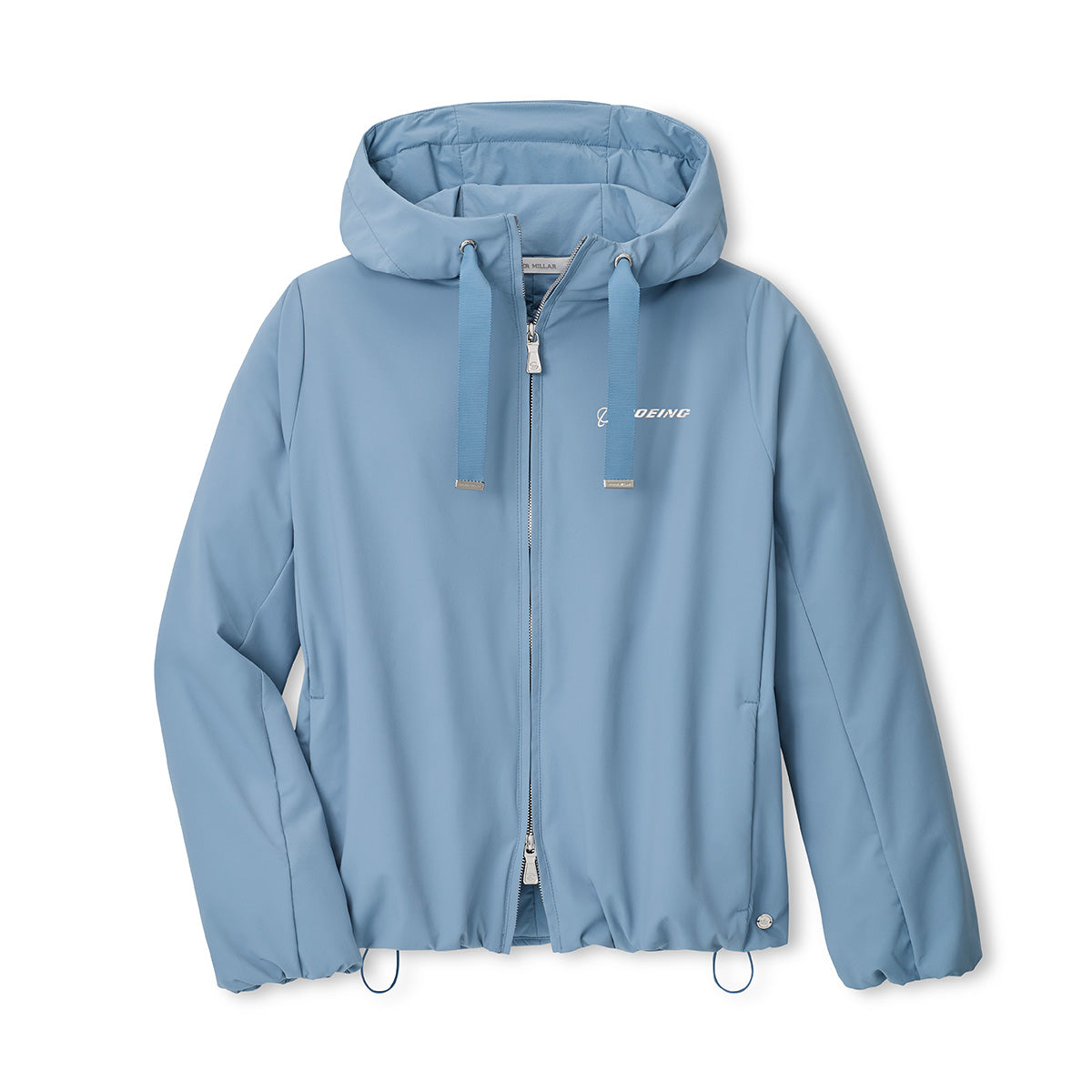 The Peter Millar Boeing Women’s Robinson Air Hooded Jacket by BOEING features a light blue color, zip-front closure, adjustable drawstrings at the hood and hem, and the Boeing logo text on the left chest. This wind- and water-resistant jacket is displayed laid flat on a white background.