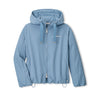 The Peter Millar Boeing Women’s Robinson Air Hooded Jacket by BOEING features a light blue color, zip-front closure, adjustable drawstrings at the hood and hem, and the Boeing logo text on the left chest. This wind- and water-resistant jacket is displayed laid flat on a white background.
