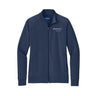BOEING Spirit Defense Women’s Jacket in navy blue features a full-zip front, long sleeves, two front pockets, moisture-wicking fabric, and the Spirit AeroSystems logo on the left chest.
