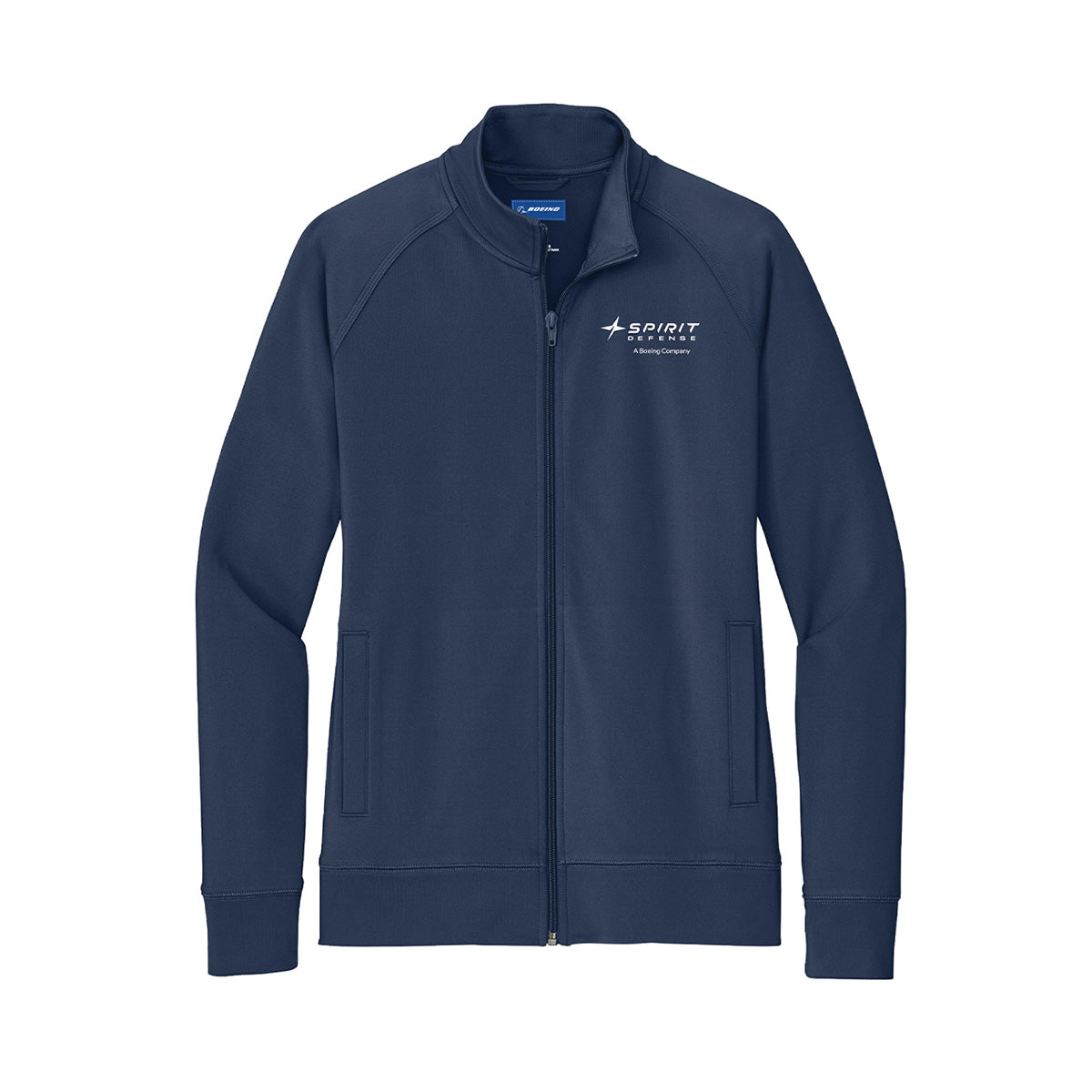 BOEING Spirit Defense Women’s Jacket in navy blue features a full-zip front, long sleeves, two front pockets, moisture-wicking fabric, and the Spirit AeroSystems logo on the left chest.