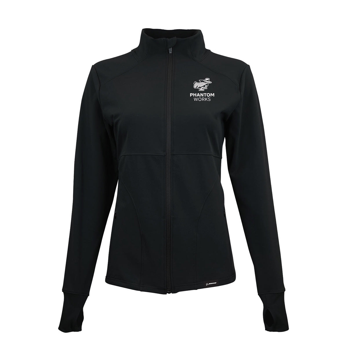 Boeing Phantom Works Women’s Quarter-Zip Pullover by BOEING, featuring white Phantom Works and Boeing logos on the left chest. This women’s aerospace apparel has a high collar and long sleeves, shown front-facing against a plain white background.