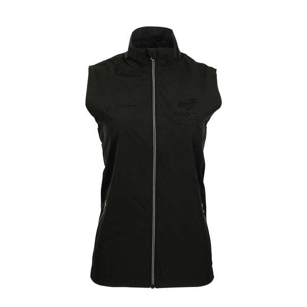 The Boeing Phantom Works 2025 Women’s Newport Vest is a black, sleeveless, fitted vest with a high collar, front zipper, and subtle logo on the left chest. Lightweight and breathable, it's ideal for both casual and athletic wear.
