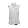 Introducing the Boeing Phantom Works Women’s Quilted Vest by BOEING—a light gray, sleeveless, and lightweight quilted vest featuring a front zipper, two zippered pockets, and the Phantom Works logo with text on the upper left chest. This water-repellent vest combines comfort and functionality for everyday wear.