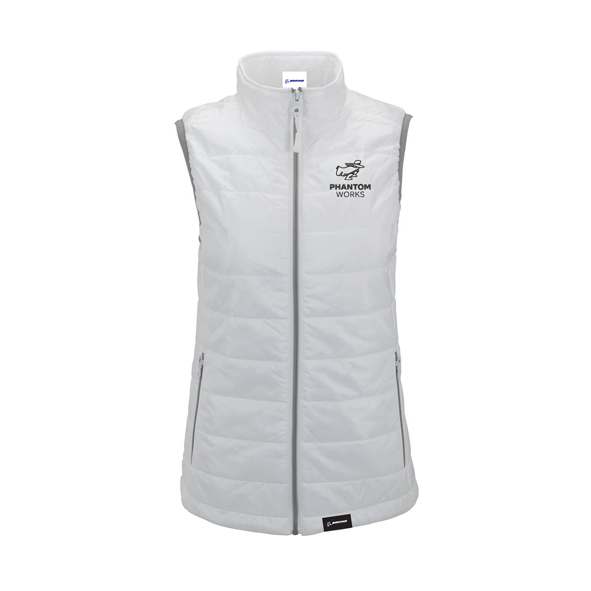 Introducing the Boeing Phantom Works Women’s Quilted Vest by BOEING—a light gray, sleeveless, and lightweight quilted vest featuring a front zipper, two zippered pockets, and the Phantom Works logo with text on the upper left chest. This water-repellent vest combines comfort and functionality for everyday wear.