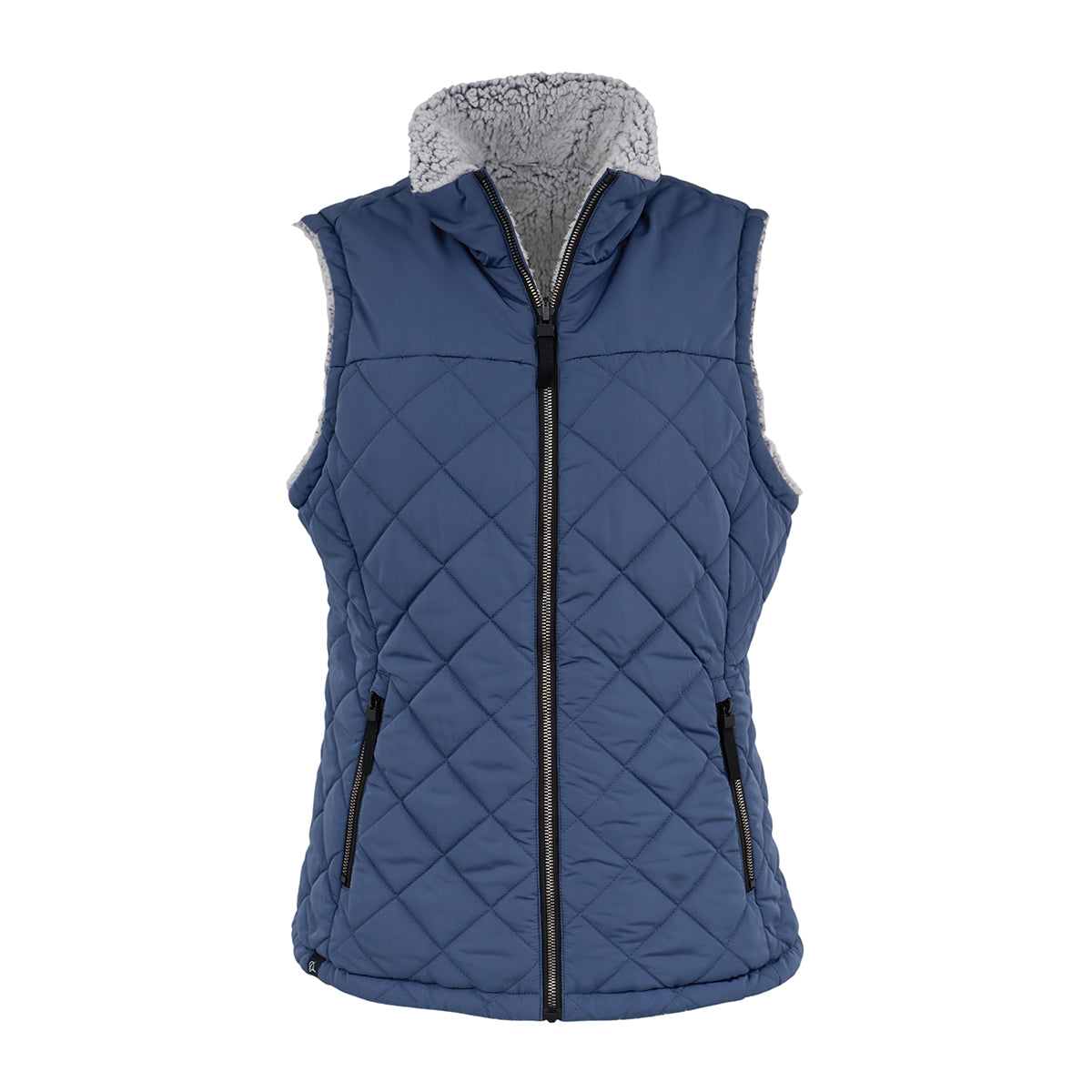 The Boeing Women's Stratus Lite Reversible Vest by BOEING features a blue quilted, sleeveless design with front zipper, zippered side pockets, and light gray fleece lining. Wind-resistant for comfort and versatility.