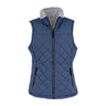 The Boeing Women's Stratus Lite Reversible Vest by BOEING features a blue quilted, sleeveless design with front zipper, zippered side pockets, and light gray fleece lining. Wind-resistant for comfort and versatility.