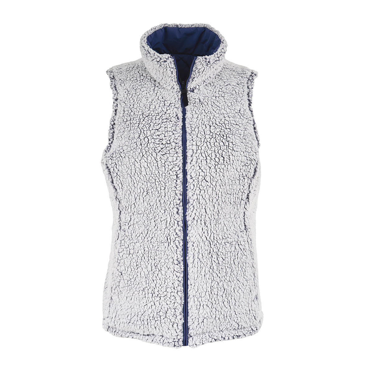 The Boeing Women's Stratus Lite Reversible Vest by BOEING is a sleeveless, light gray sherpa fleece vest with a high collar, front zipper, navy blue inner lining, and wind resistance, shown on a plain white background.