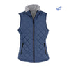 The Boeing Women's Stratus Lite Reversible Vest by BOEING features a blue quilted, sleeveless design with front zipper, zippered side pockets, and light gray fleece lining. Wind-resistant for comfort and versatility.