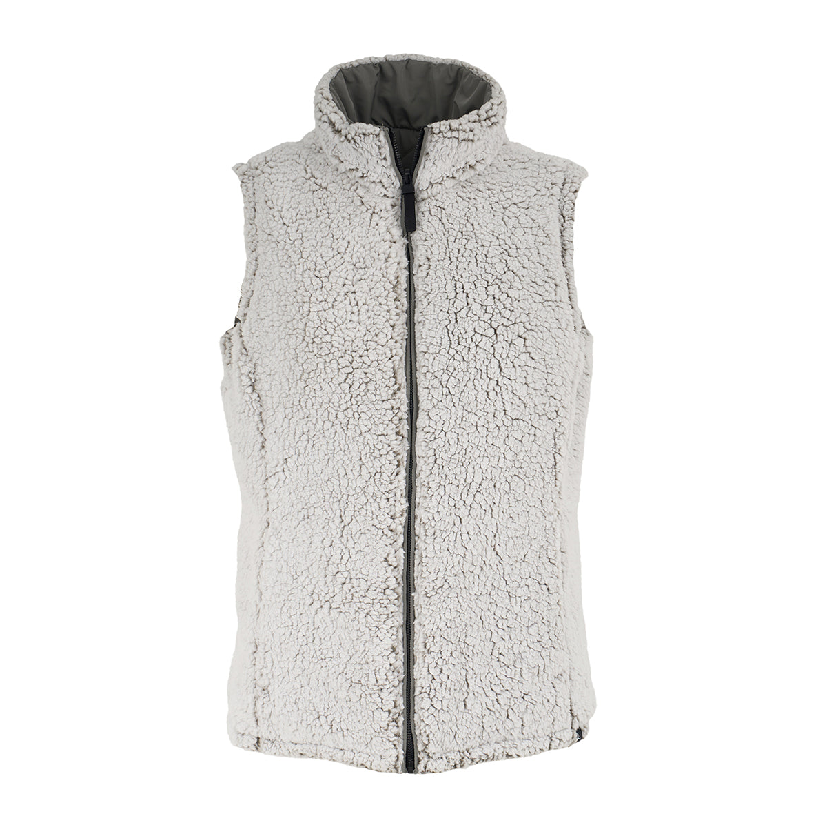 The Boeing Women’s Stratus Lite Reversible Vest by BOEING features soft, textured sherpa fleece, a high collar, a zip-up front, and wind resistance for comfort. It is sleeveless and comes in light gray.