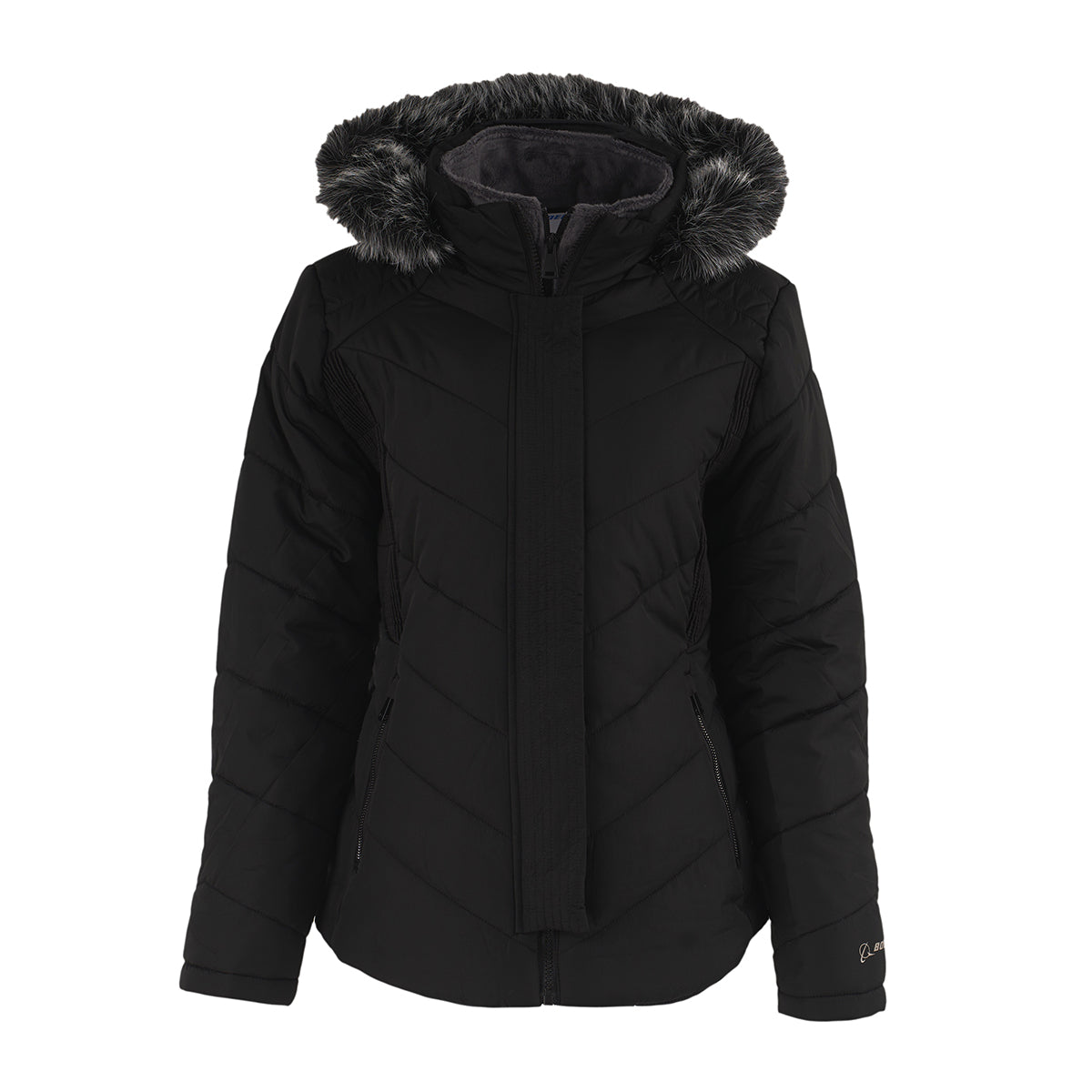 The Boeing Women's Quilted Butterpile Jacket by BOEING is a black, wind-resistant winter coat with a faux fur-trimmed hood, zippered front, and long sleeves, shown on a white background.