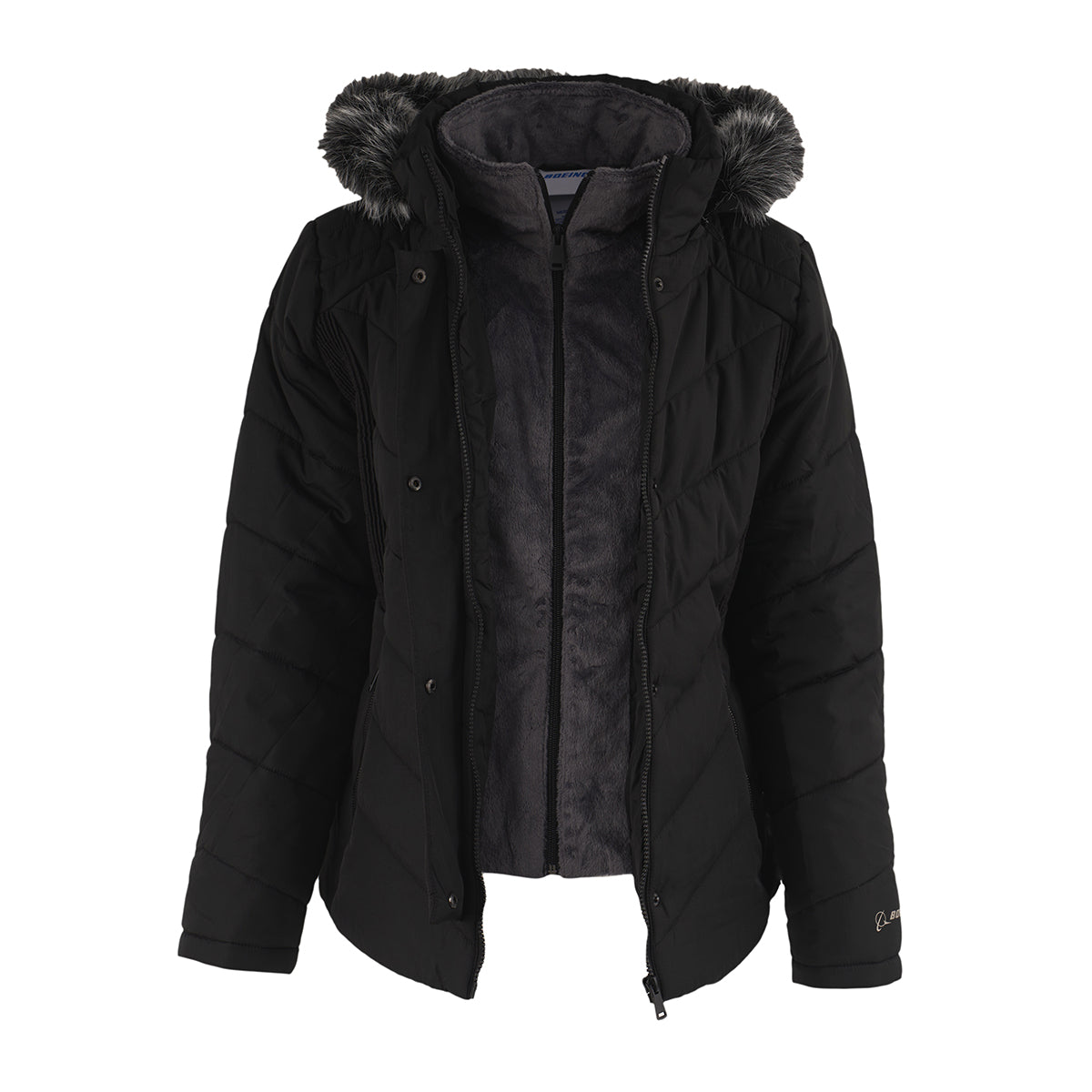 The BOEING Women's Quilted Butterpile Jacket is a black, quilted winter coat with a soft, furry lining and a hood with faux fur trim. Wind-resistant and unzipped, it's displayed on a white background.