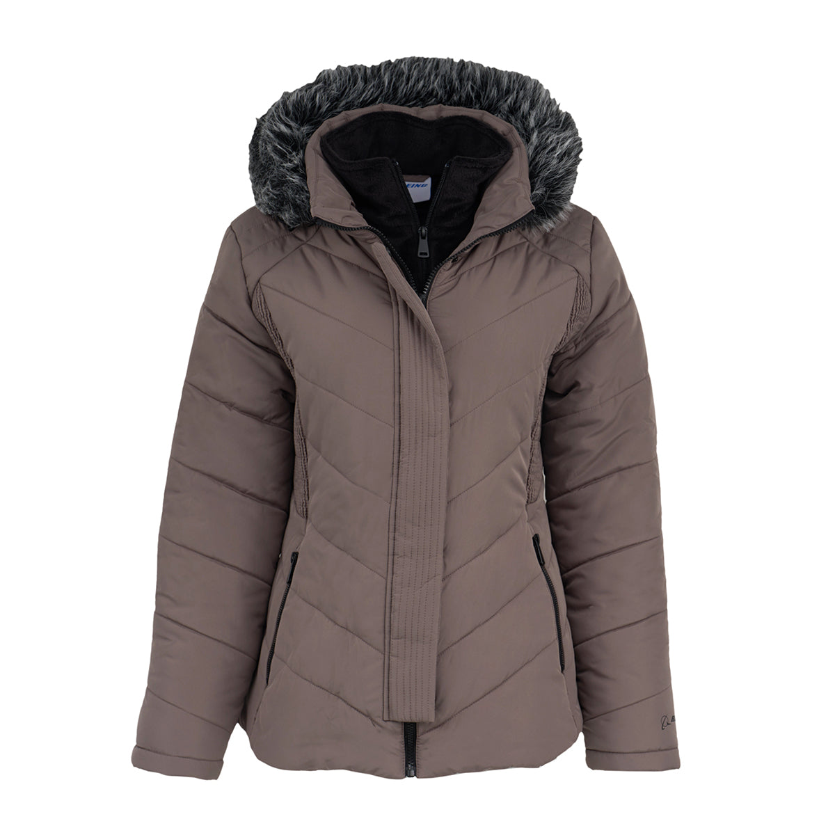 The BOEING Women's Quilted Butterpile Jacket in taupe features a black zip-up front, two zippered side pockets, and a hood lined with black faux fur trim. This wind-resistant winter jacket is shown on a white background.