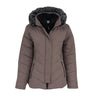 The BOEING Women's Quilted Butterpile Jacket in taupe features a black zip-up front, two zippered side pockets, and a hood lined with black faux fur trim. This wind-resistant winter jacket is shown on a white background.