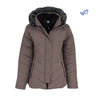 The BOEING Women's Quilted Butterpile Jacket in taupe features a black zip-up front, two zippered side pockets, and a hood lined with black faux fur trim. This wind-resistant winter jacket is shown on a white background.
