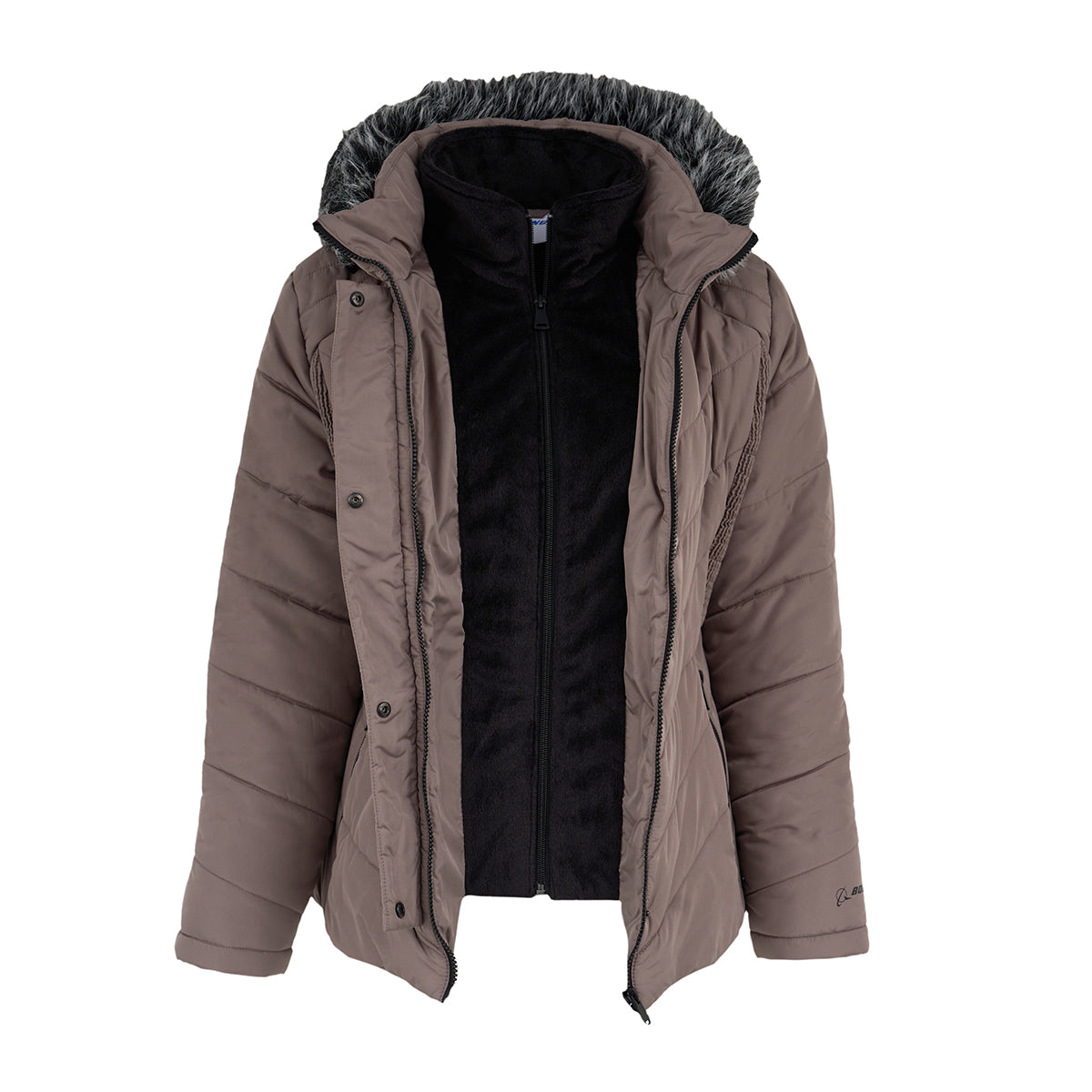 The Boeing Women's Quilted Butterpile Jacket by BOEING is a brown, wind-resistant puffer jacket with a black fleece-lined interior, front zipper, button closures, and a hood trimmed with gray faux fur. Displayed open to reveal its cozy lining.