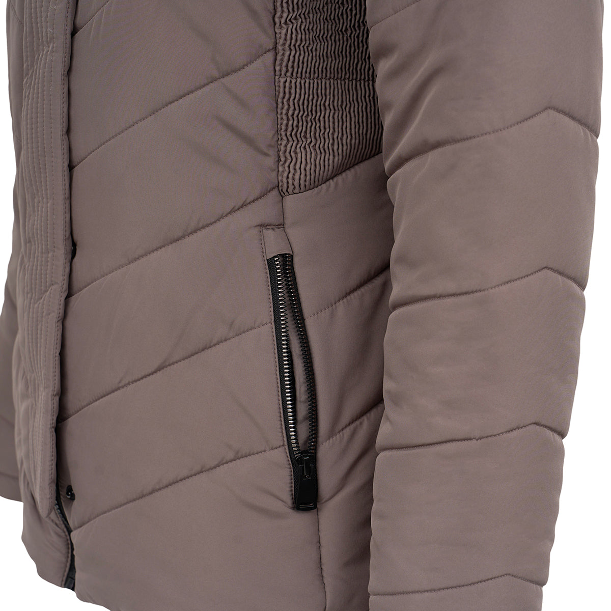 Close-up of a taupe BOEING Women's Quilted Butterpile Jacket sleeve, showing horizontal quilting and a vertical black zipper pocket. The smooth, padded fabric offers warmth and wind resistance for chilly days.