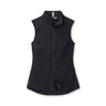 The Peter Millar Boeing Women’s Mini Diamond Quilt Vest in black features wind- and water-resistant diamond-patterned fabric, a full front zipper, high collar, and subtle BOEING logo near the hem. Displayed flat on a white background.