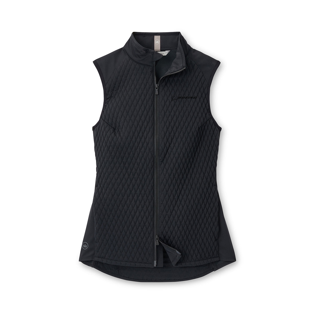 The Peter Millar Boeing Women’s Mini Diamond Quilt Vest in black features wind- and water-resistant diamond-patterned fabric, a full front zipper, high collar, and subtle BOEING logo near the hem. Displayed flat on a white background.