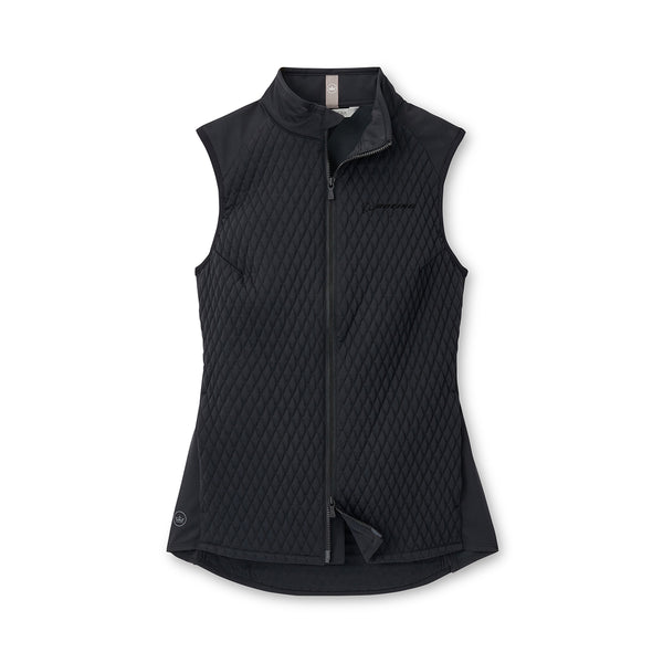 The Peter Millar Boeing Women’s Mini Diamond Quilt Vest in black features wind- and water-resistant diamond-patterned fabric, a full front zipper, high collar, and subtle BOEING logo near the hem. Displayed flat on a white background.