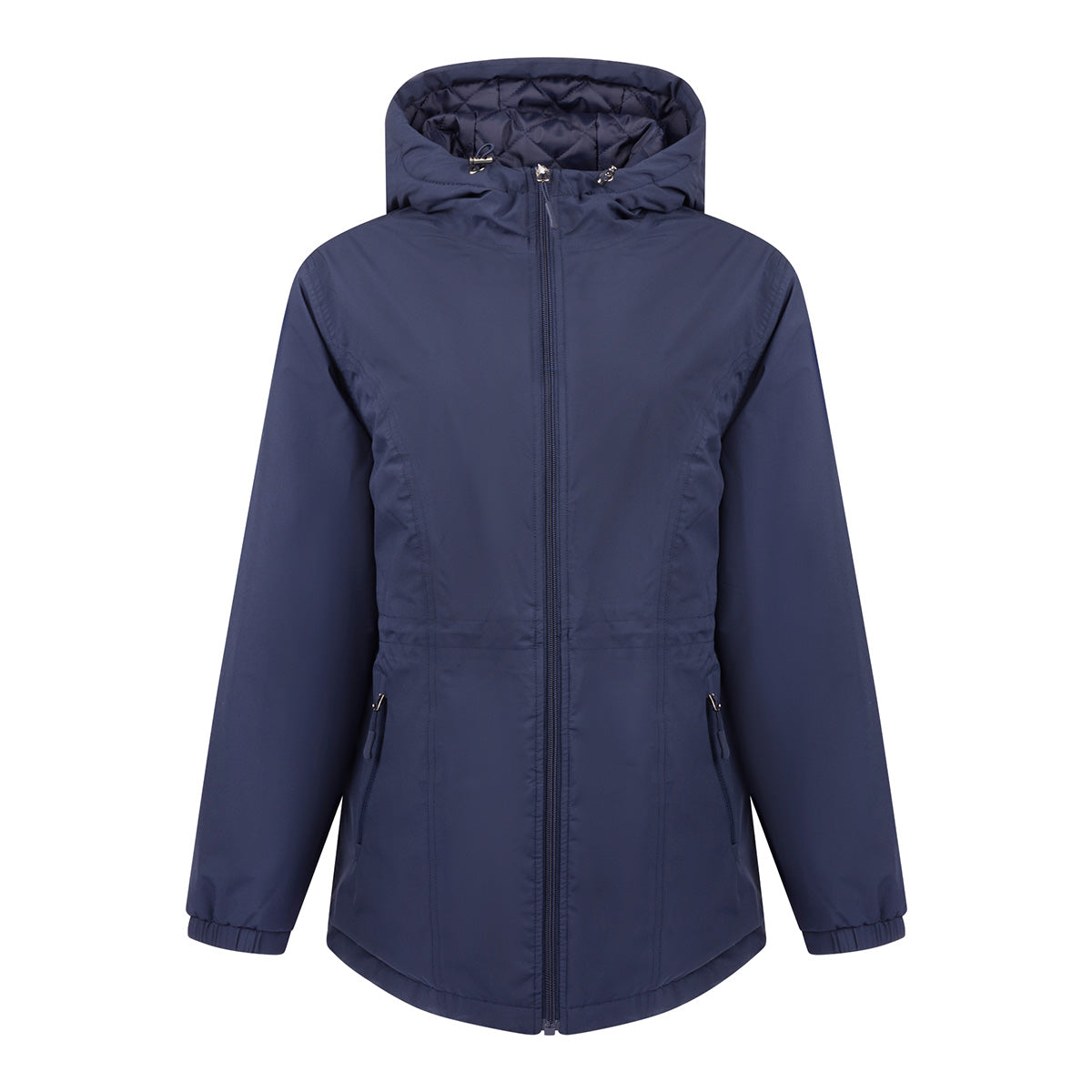 Navy blue Boeing Women’s 3/4 Length Quilted Rain Jacket, a three-quarter length hooded, water-resistant coat made from recycled polyester, featuring a quilted lining and zippered side pockets.