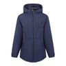 Navy blue Boeing Women’s 3/4 Length Quilted Rain Jacket, a three-quarter length hooded, water-resistant coat made from recycled polyester, featuring a quilted lining and zippered side pockets.