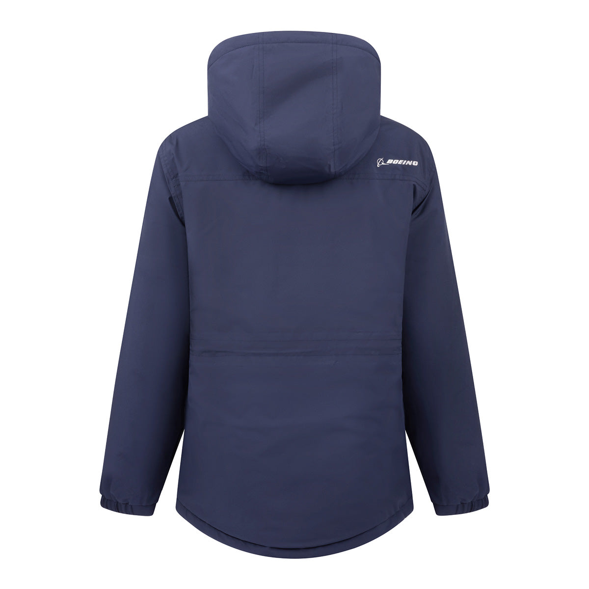 Back view of a navy blue recycled polyester Boeing Women’s 3/4 Length Quilted Rain Jacket with a hood and a small Boeing logo on the right shoulder.