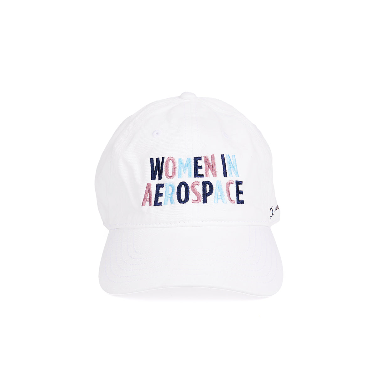 The Boeing Women In Aerospace Hat by BOEING is a white baseball cap with “WOMEN IN AEROSPACE” boldly embroidered in colorful letters—a great choice for aviation enthusiasts honoring women’s achievements in flight.
