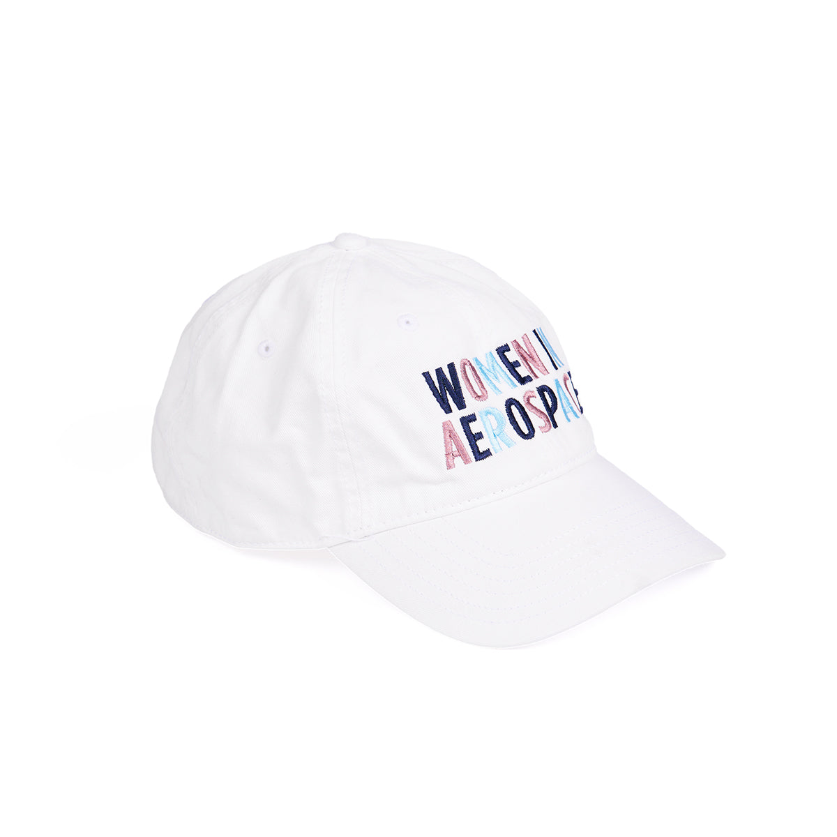 The Boeing Women In Aerospace Hat by BOEING is a white baseball cap with WOMEN IN AEROSPACE embroidered in colorful letters on the front, perfect for aviation enthusiasts. Displayed against a plain white background.