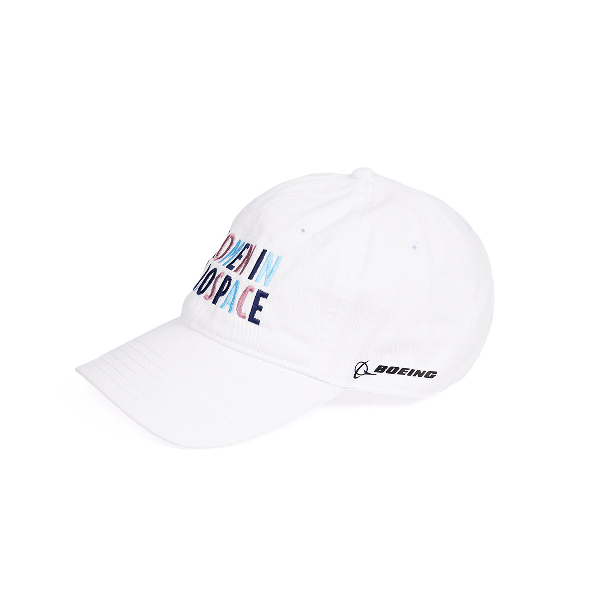 The Boeing Women In Aerospace Hat by BOEING is a white cap for aviation fans, with WOMEN IN AEROSPACE in colorful letters on the front and the Boeing logo with BOEING on the side.