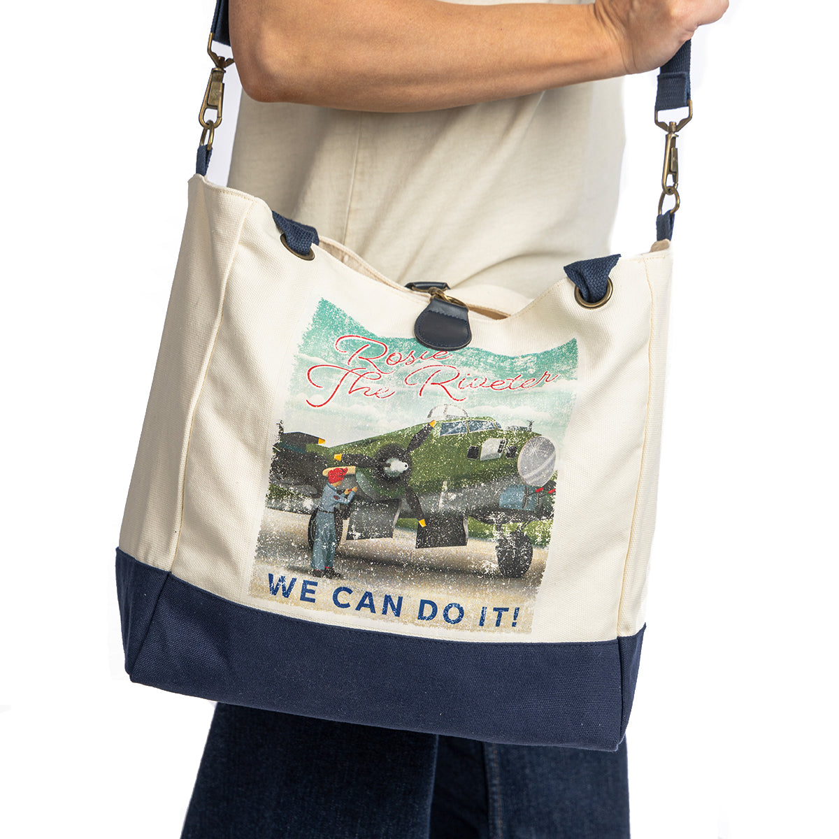 Rosie the Riveter Tote Bag Over Shoulder