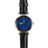 Check out the Boeing Symbol Womens Leather Solar Watch with a genuine leather strap, round silver stainless steel case, blue face with silver hour markers and hands, a small logo, and the word SOLAR for an elegant finish.