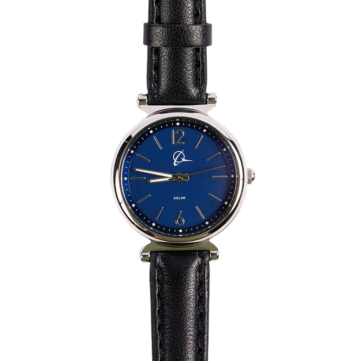 Check out the Boeing Symbol Womens Leather Solar Watch with a genuine leather strap, round silver stainless steel case, blue face with silver hour markers and hands, a small logo, and the word SOLAR for an elegant finish.
