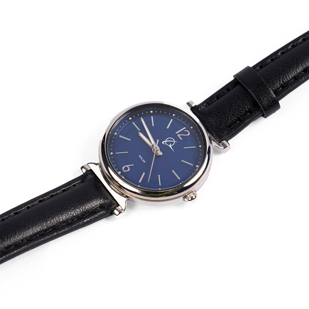 The Boeing Symbol Womens Leather Solar Watch features a stainless steel case, genuine leather strap, blue dial, silver hour markers, and a silver arrow logo. The time is set to 10:10 with the crown on the right side.