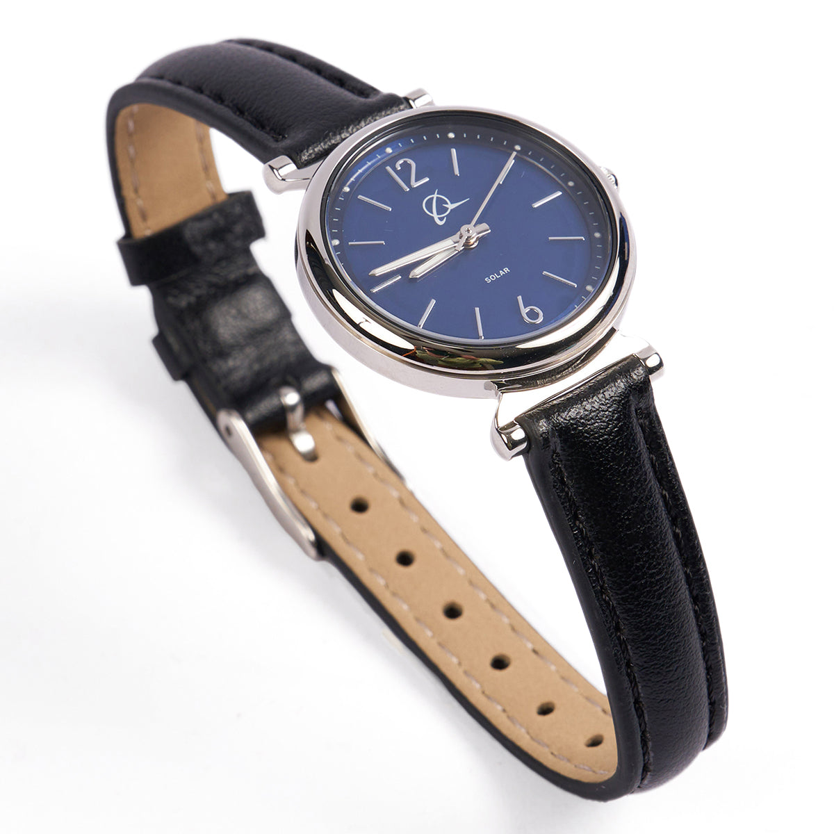 The Boeing Symbol Womens Leather Solar Watch has a blue face and genuine leather strap with a sleek silver buckle, a stainless steel case, silver hour markers and hands, and features the Boeing logo under the 12 oclock position.