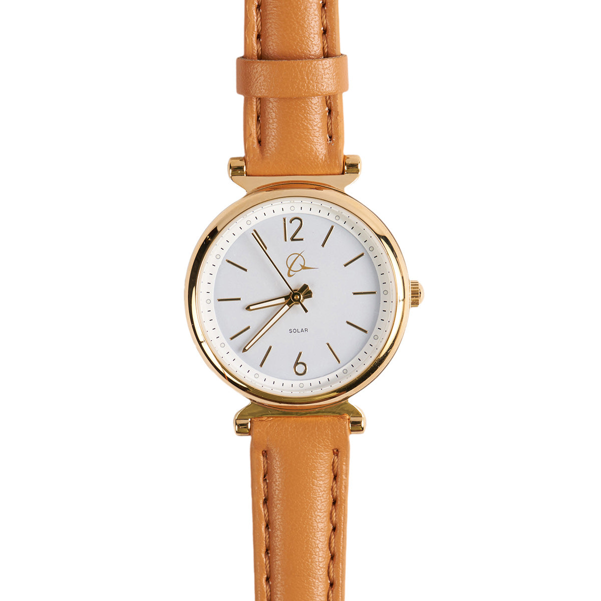 The Boeing Symbol Womens Leather Solar Watch by Boeing showcases a round, gold-toned stainless steel case, a white face with gold hour markers, and SOLAR above 6 oclock. Its design is enhanced by a light brown genuine leather strap.