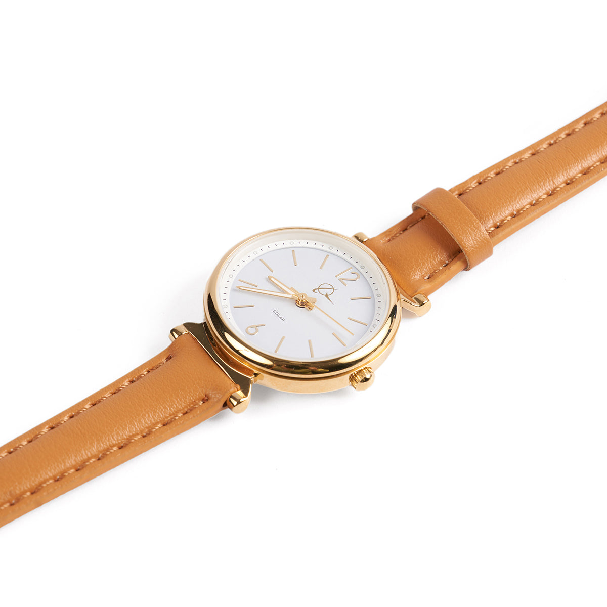 The Boeing Symbol Womens Leather Solar Watch by Boeing has a gold watch with a white face in a sleek stainless steel case, featuring gold hour markers and hands, a small logo design, and a genuine leather strap with intricate edge stitching.