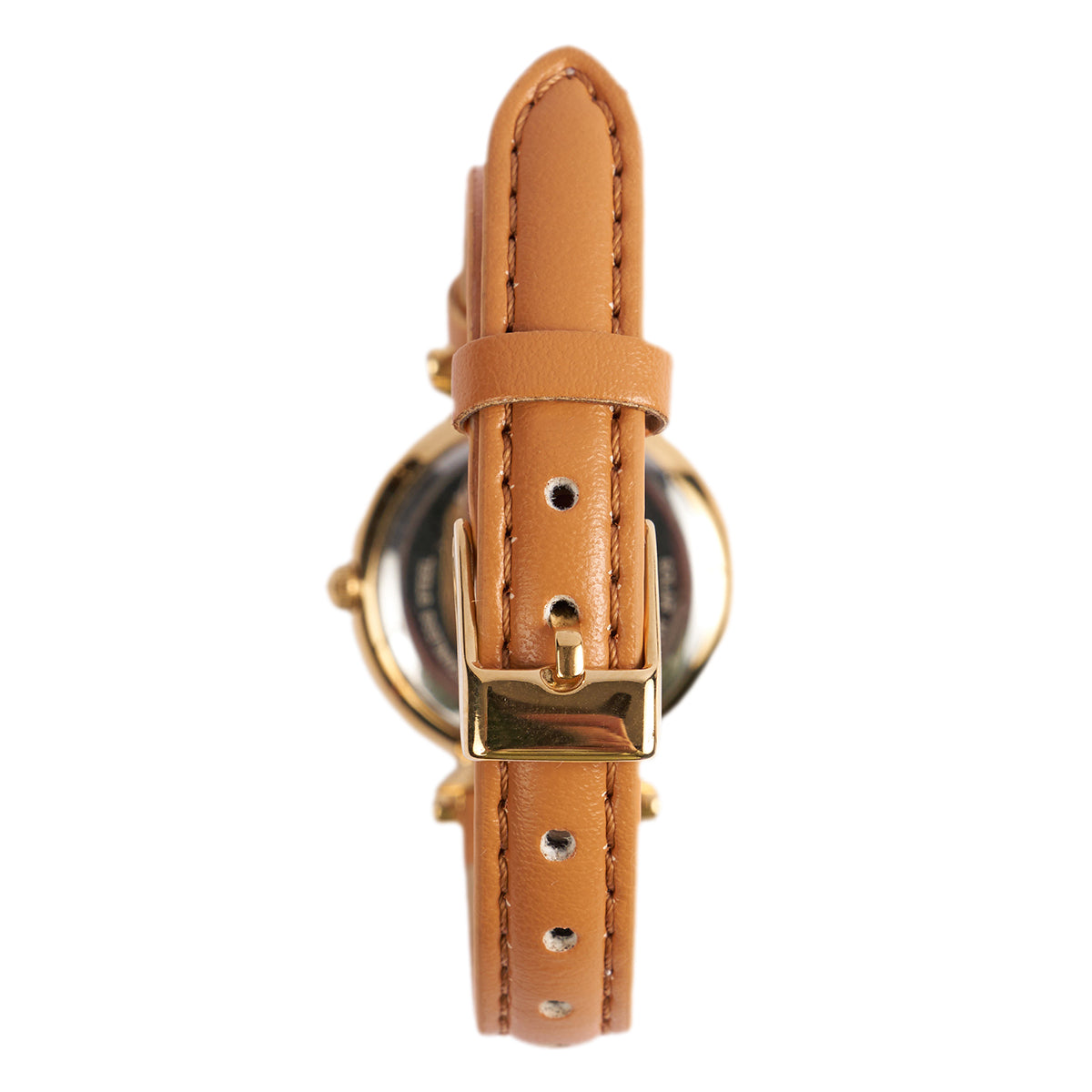 The Boeing Symbol Womens Leather Solar Watch by Boeing boasts a genuine leather strap with a gold-tone buckle and stainless steel case, featuring multiple adjustment holes and detailed stitching, while the watch face is visible through its transparent back.