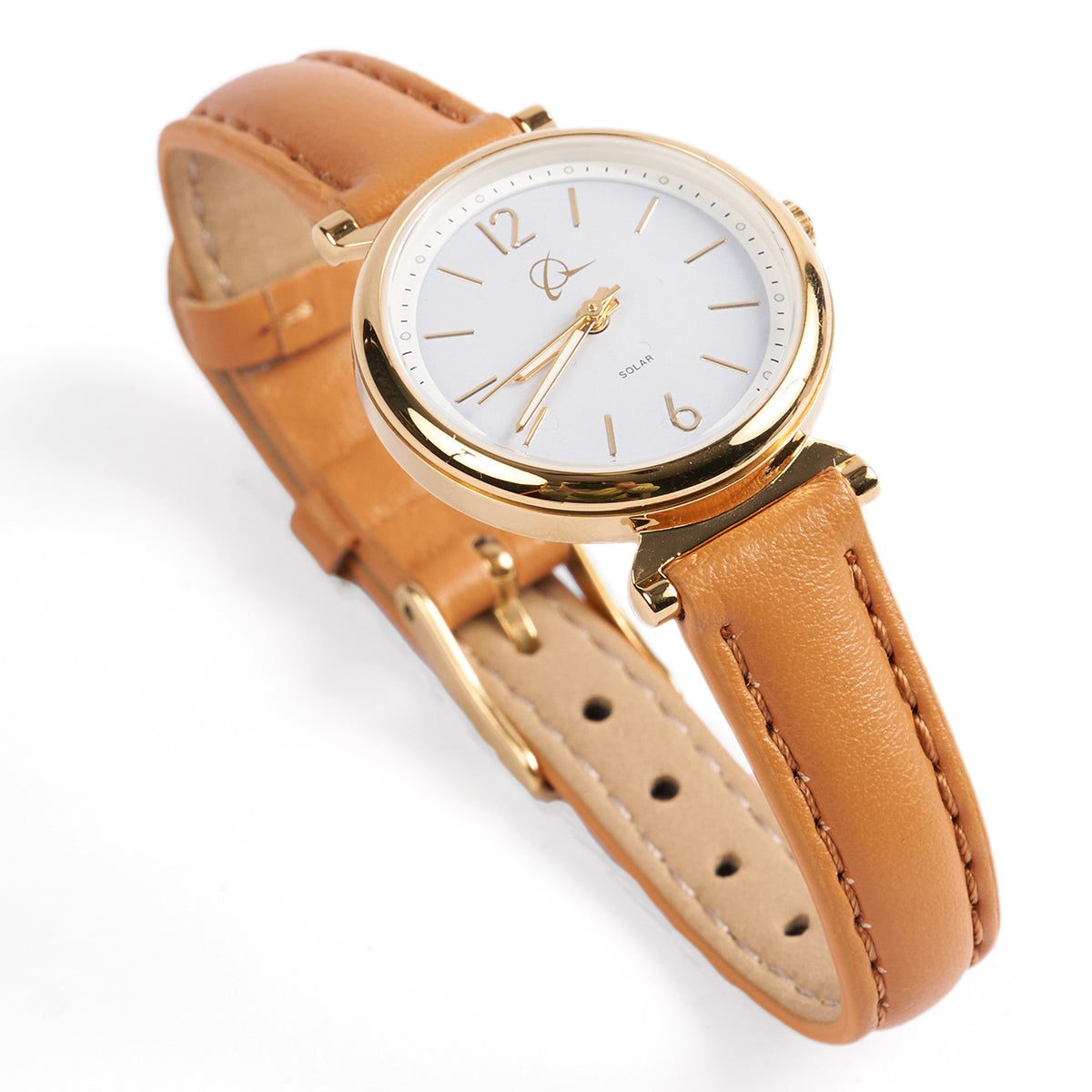 The Boeing Symbol Womens Leather Solar Watch features a stainless steel case with gold accents, a white dial with numbered hours, minimalist markings, two hands, and a small SOLAR logo. It has a tan genuine leather strap with neat stitching and a gold buckle.