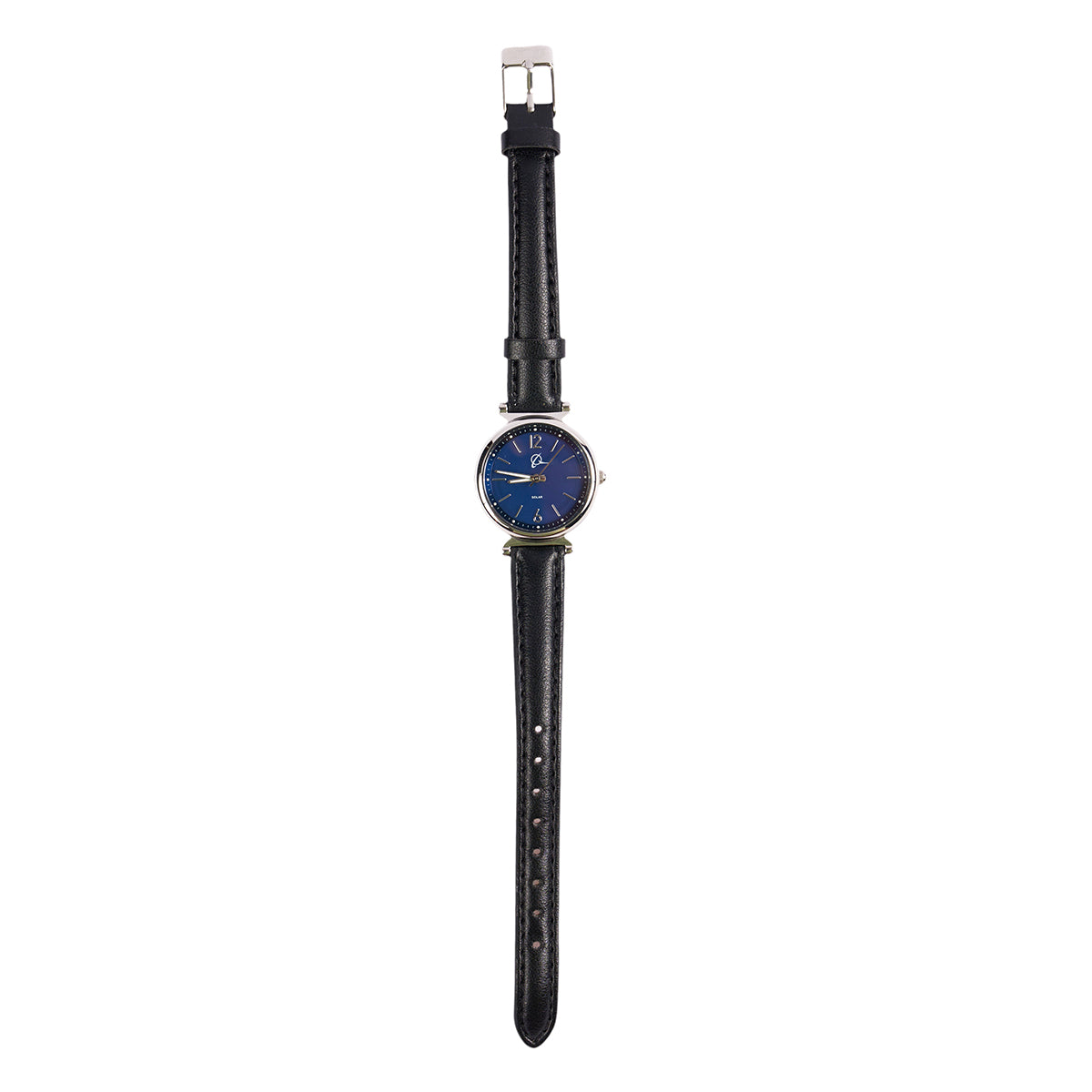 The Boeing Symbol Womens Leather Solar Watch, by Boeing, showcases a blue face with silver hour markers and hands. It features a genuine leather strap and stainless steel case with a standard buckle clasp, perfectly complementing your style.