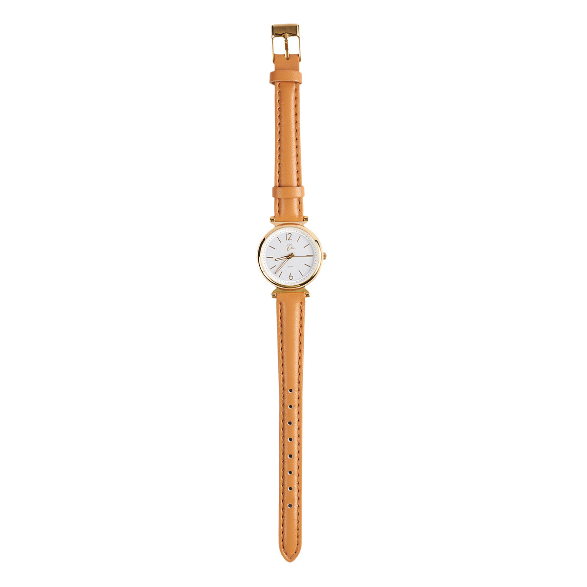 The Boeing Symbol Womens Leather Solar Watch showcases a classic look with a gold-toned round case, genuine leather strap, and a white dial with gold hour markers set at 10:10. It features multiple holes in the strap for easy size adjustment.