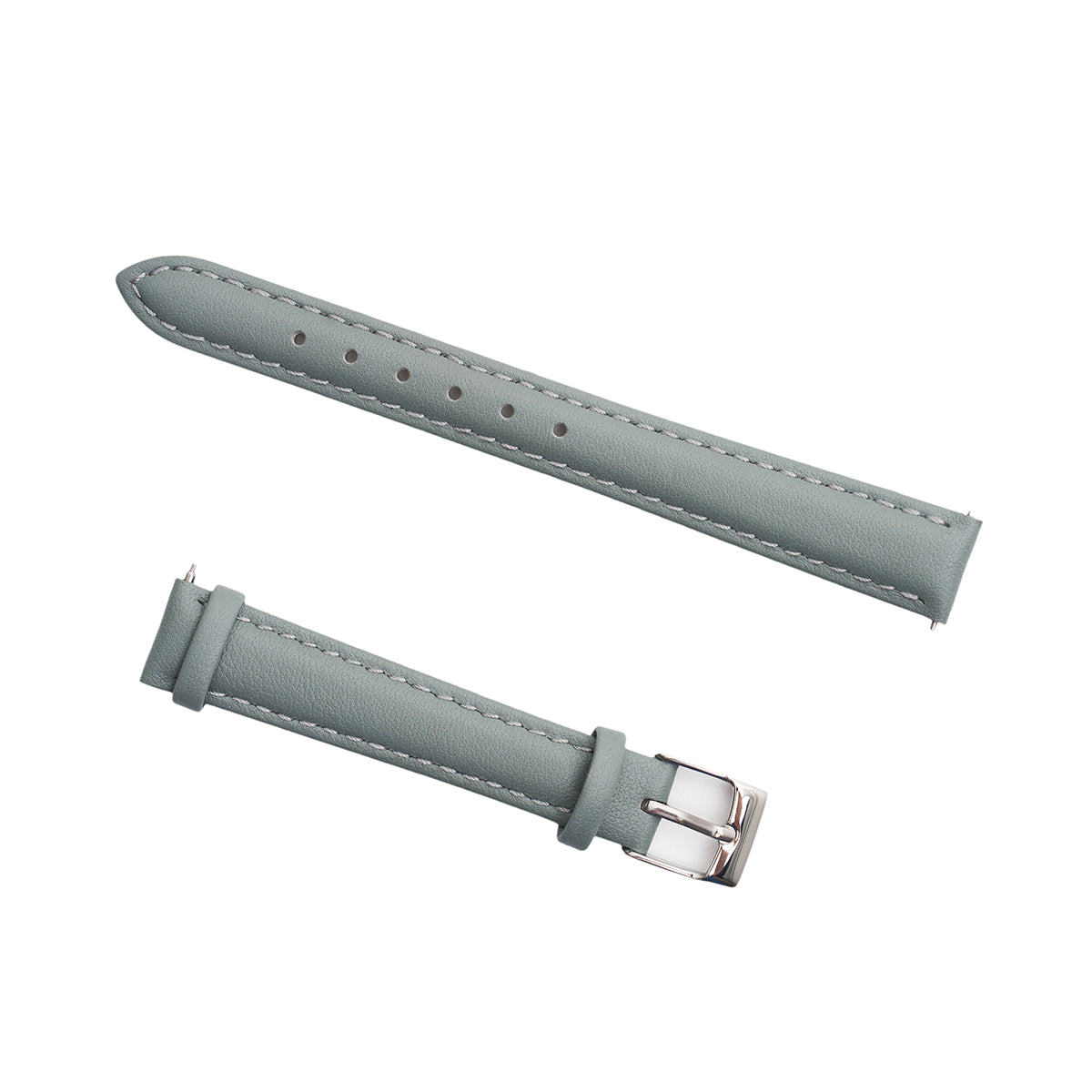 Two light gray-green calf leather Boeing Women's Quick Release Watch Bands by BOEING, featuring white stitching—one with a silver buckle and one without—are displayed side by side on a white background for easy interchangeability.