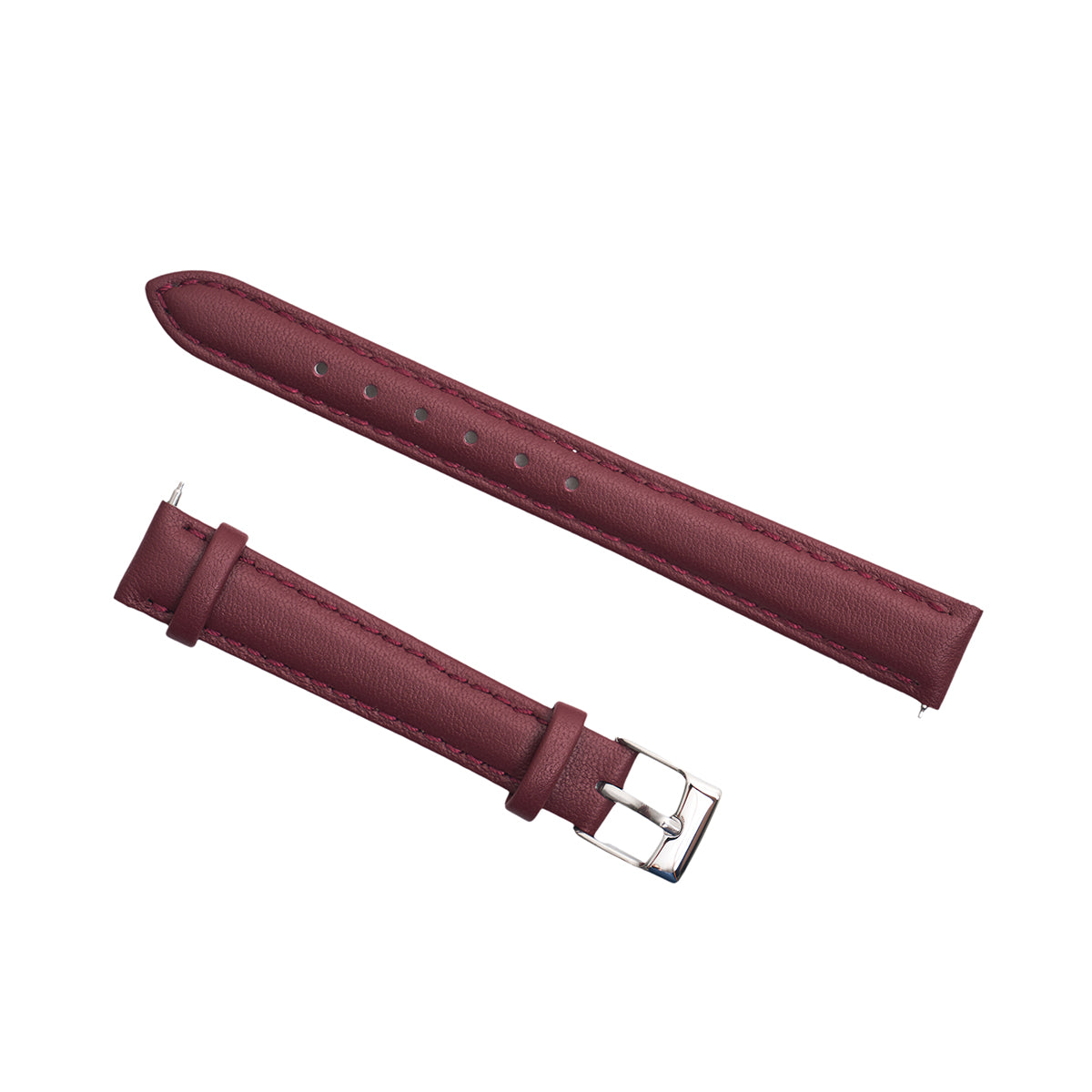 The Boeing Women's Quick Release Watch Band by BOEING features maroon calf leather straps and a silver buckle. One strap is longer with holes, the other has the buckle. Laid flat on a white background, it's easy to swap for an interchangeable look.