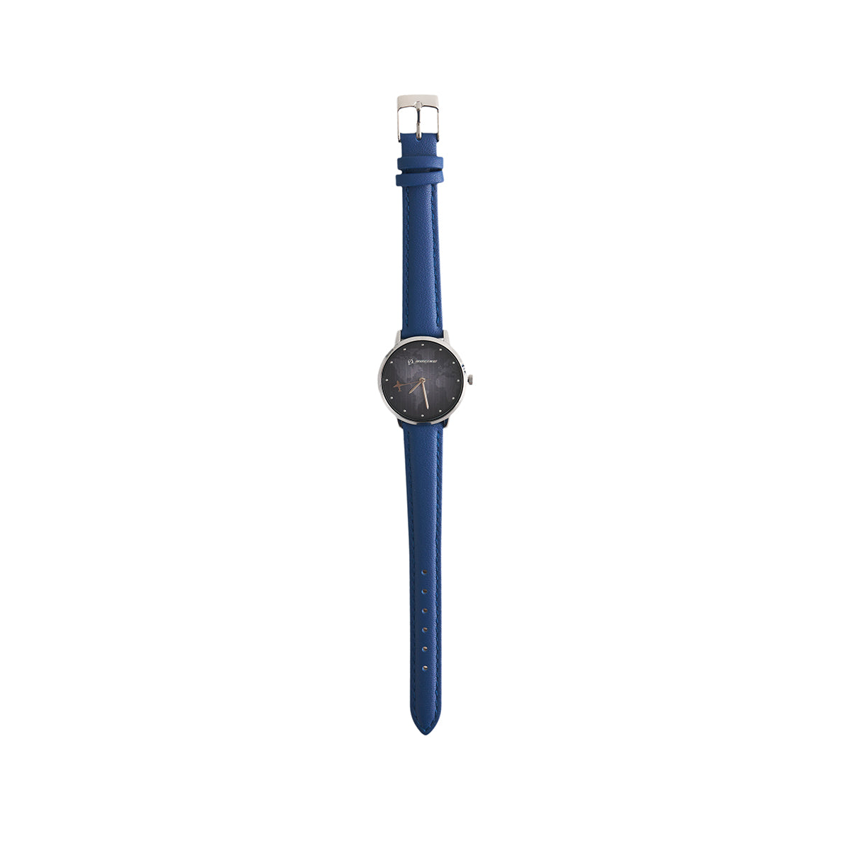 The Boeing Women's Rotating Watch Black Face by BOEING features a round black face, silver casing, blue textured leather strap with silver buckle, and reliable Japan quartz movement—perfect for aviation—shown on a plain white background.